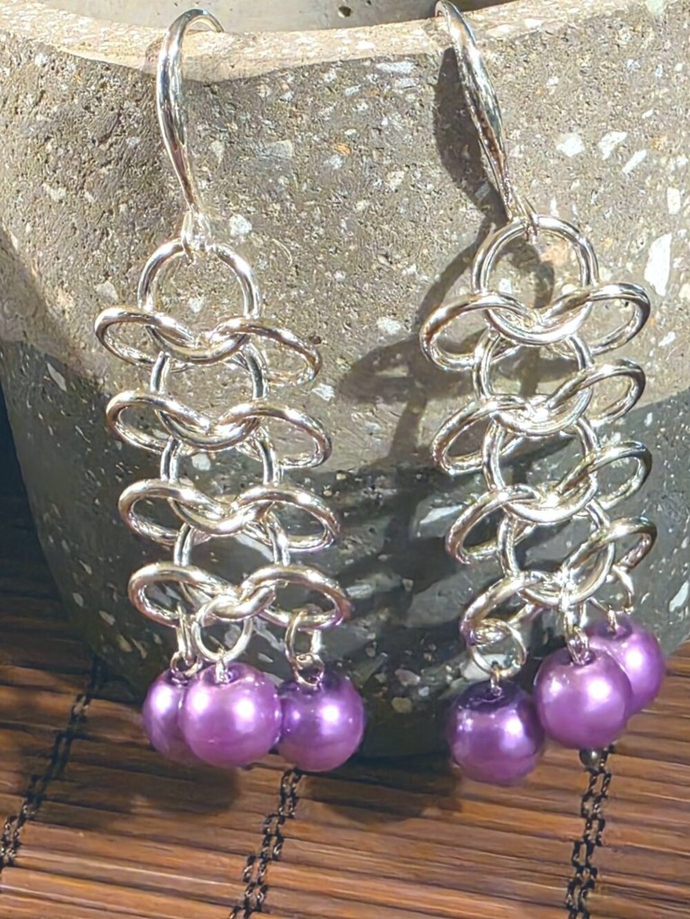 Edgy Berry Purple Glass Pearls Sterling Silver Plated Chainmaille Earrings
